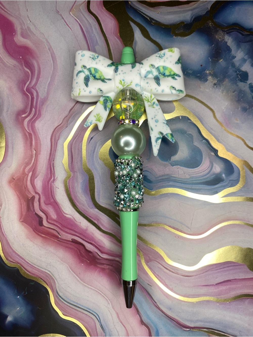 Green Turtle Bow Decorative Pen with Crystal Accents